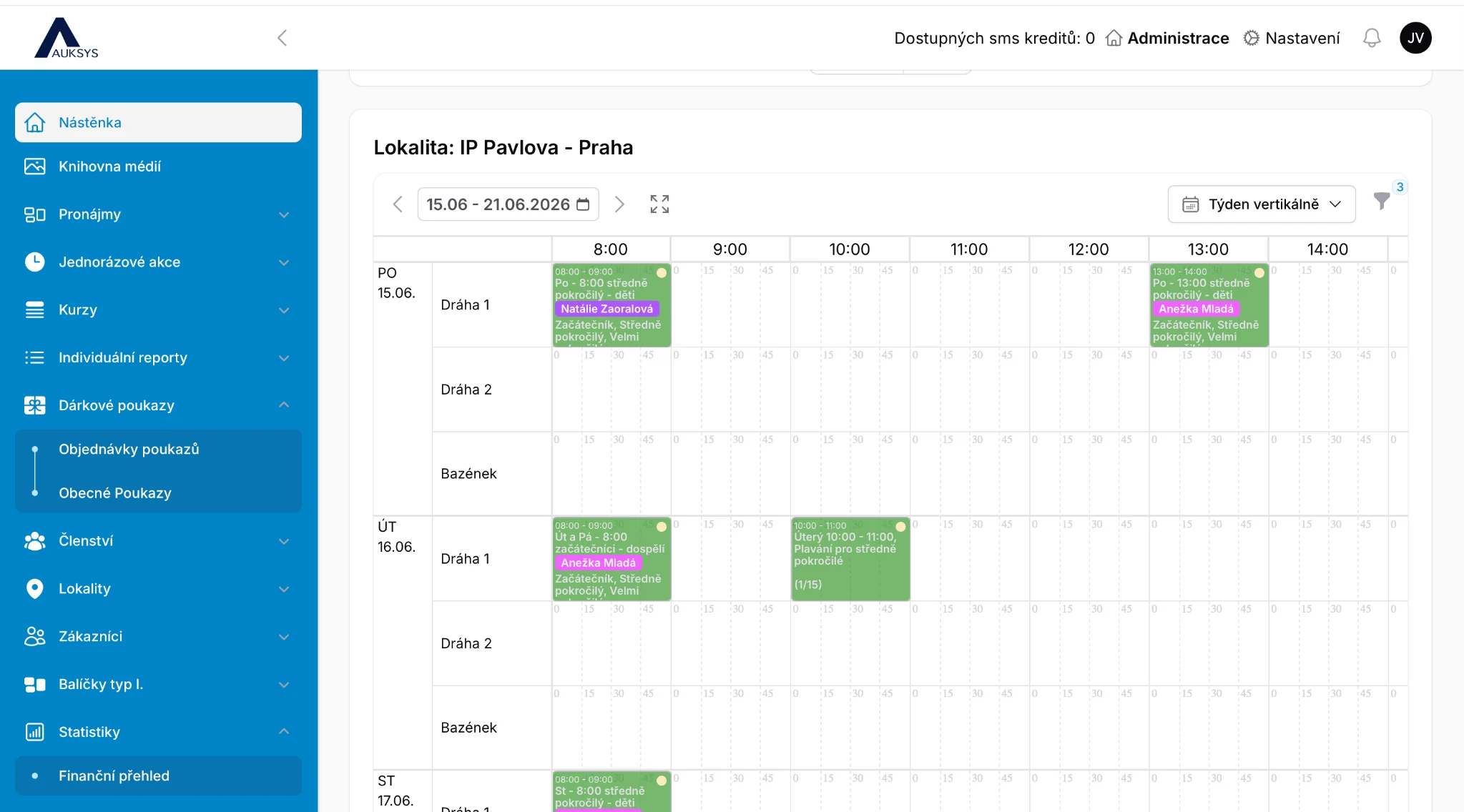 Course, pool and lane calendar in Auksys