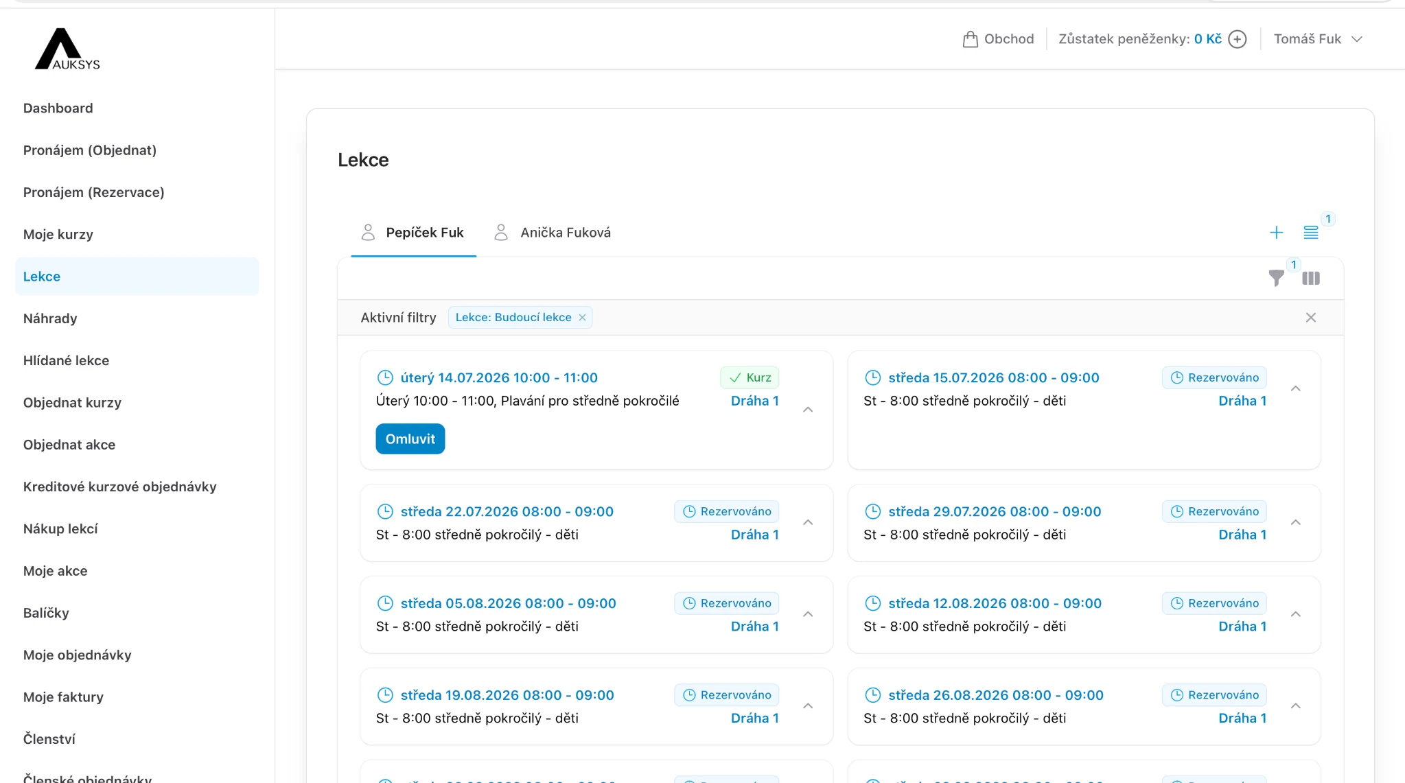 Customer portal with lessons and absences