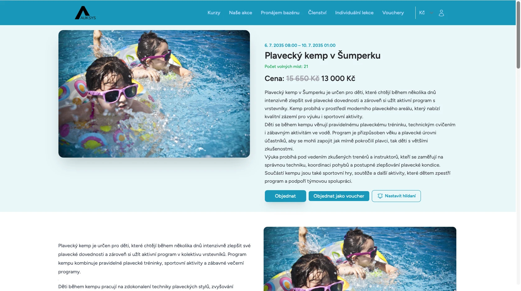 Detail plaveckého kempu s objednávkou a hlídáním