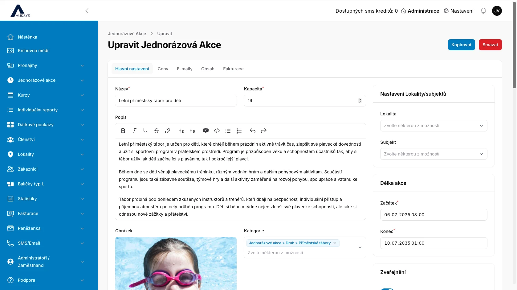Nastavenia jednorazové akcie v administráciu