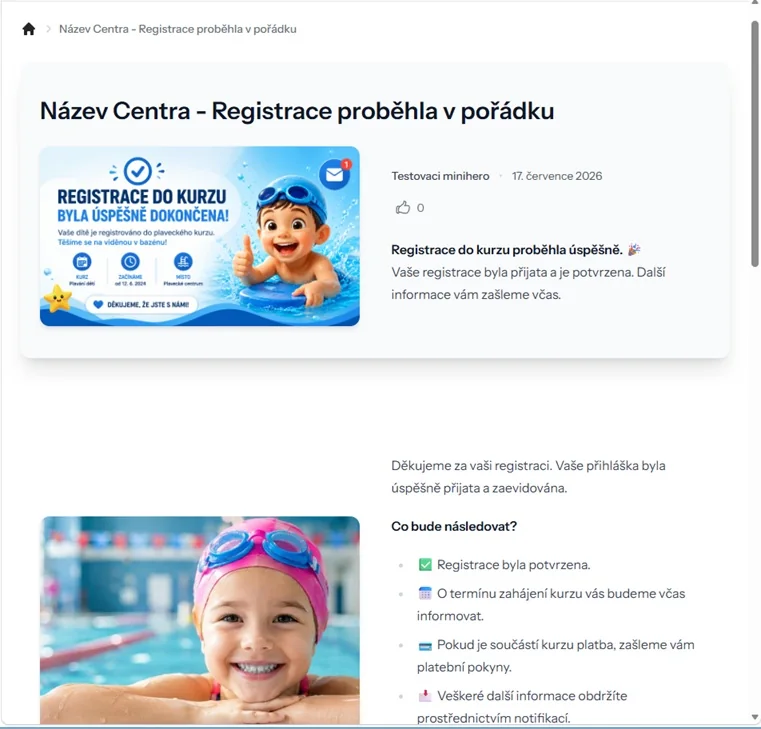 Detail informační zprávy o úspěšné registraci do kurzu