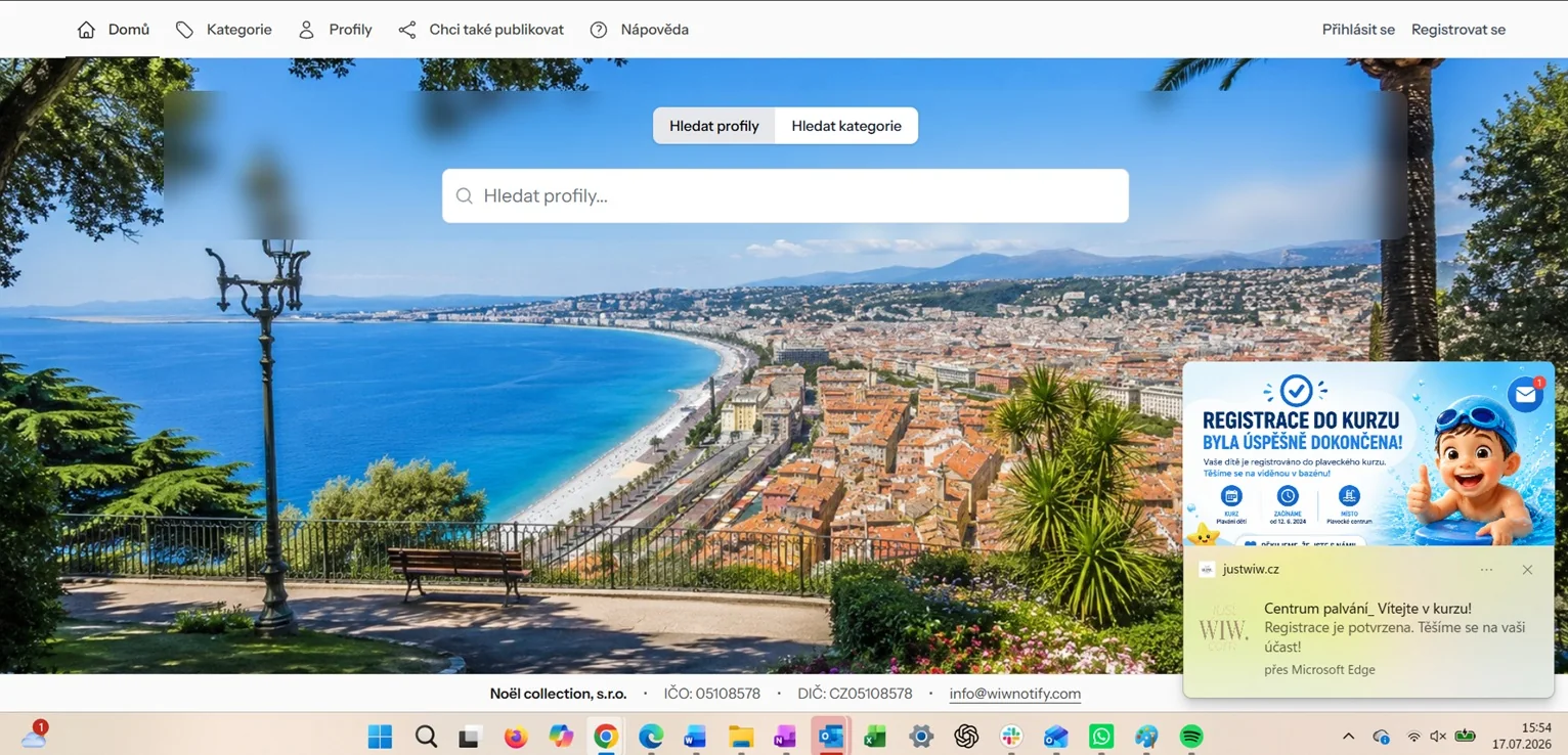 Ukázka push notifikace JustWIW po registraci do plaveckého kurzu