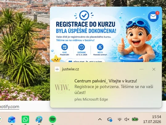Detail push notifikace JustWIW v systému Windows