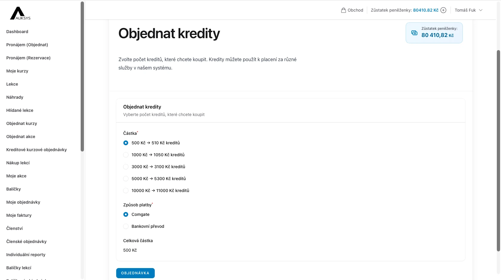 Dobití virtuální peněženky klienta